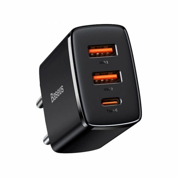 Baseus Compact hálózati gyorstöltő 30W, USB Type-C + 2×USB Type-A, fekete (CCXJ-E01)