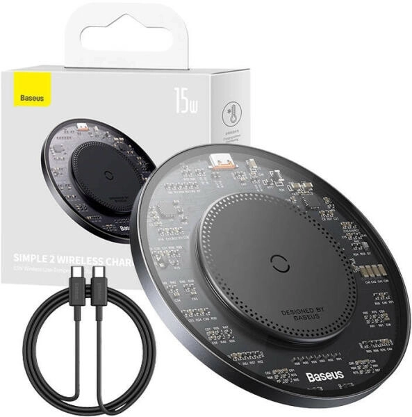 Baseus Simple 2 vezeték nélküli töltő 15W, Magnetic, fekete + 24W USB Type-C, 1m kábel (CCJJ050001)
