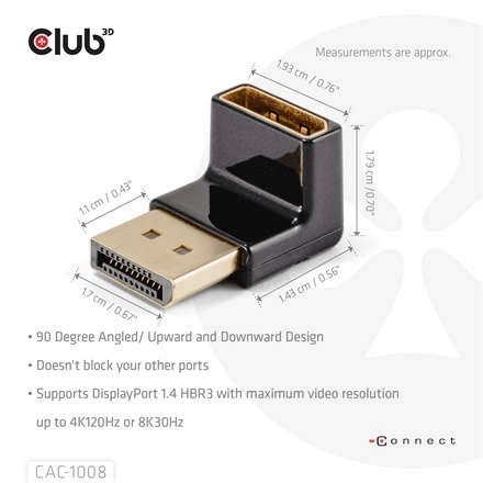 Club3D CAC-1008 (90° DisplayPort  1.4,  M/F, 4K120Hz, univerzális)