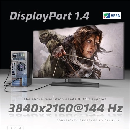 Club3D CAC-1060 (DisplayPort 1.4, 8K, 32.4Gbps, HBR3 8K, 28AWG, M/M, 3m)