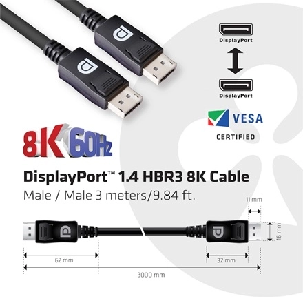 Club3D CAC-1060 (DisplayPort 1.4, 8K, 32.4Gbps, HBR3 8K, 28AWG, M/M, 3m)