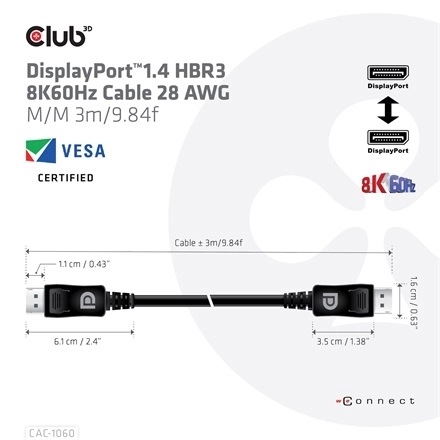 Club3D CAC-1060 (DisplayPort 1.4, 8K, 32.4Gbps, HBR3 8K, 28AWG, M/M, 3m)