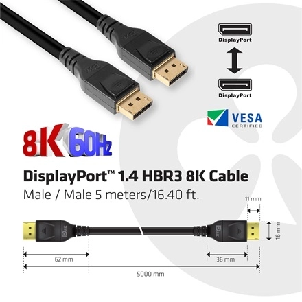 Club3D CAC-1061 (DisplayPort 1.4, HBR3, 8K60Hz, 5m, 32CH, Aranyozott, VESA, M/M)
