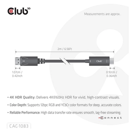 Club3D CAC-1083 (DisplayPort 1.4 to HDMI 2.0, aktív adapter, 4K60Hz, HDR, 2m)