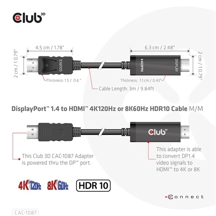 Club3D CAC-1087 (DisplayPort 1.4 to HDMI 8K60Hz HDR10, 3m, M/M)