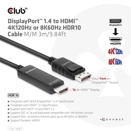 Club3D CAC-1087 (DisplayPort 1.4 to HDMI 8K60Hz HDR10, 3m, M/M)