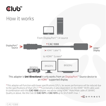 Club3D CAC-1088 (DisplayPort 1.4 to HDMI 4K120Hz/8K60Hz HDR Aktív, M/F)