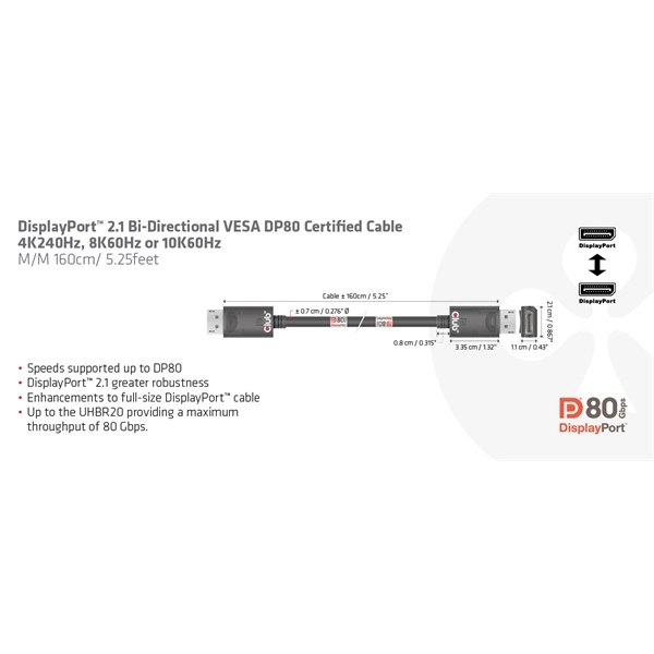 Club3D CAC-1091 (DisplayPort 2.1,  DP80, 4K240Hz, 1.2m, Bidirectional, M/M)