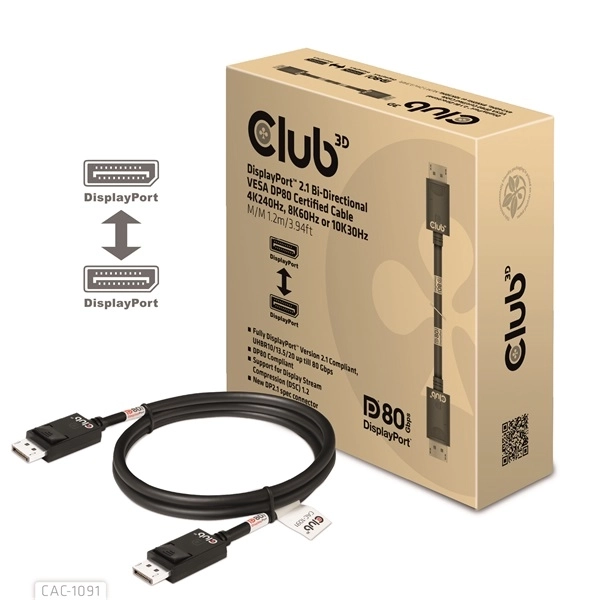 Club3D CAC-1091 (DisplayPort 2.1,  DP80, 4K240Hz, 1.2m, Bidirectional, M/M)