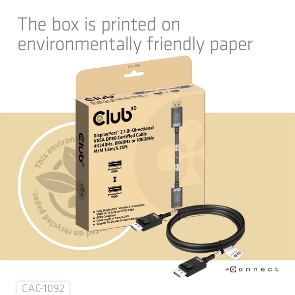 Club3D CAC-1092 (DisplayPort 2.1, DP80, 8K240Hz, 1.6m, Bi-Directional, M/M)
