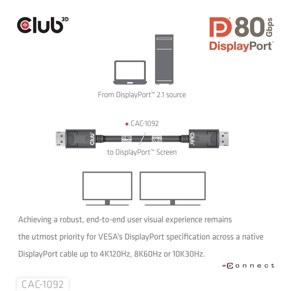 Club3D CAC-1092 (DisplayPort 2.1, DP80, 8K240Hz, 1.6m, Bi-Directional, M/M)