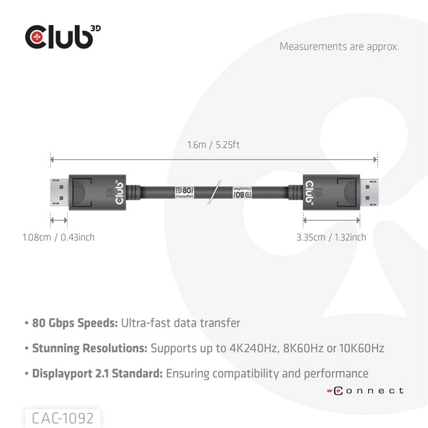 Club3D CAC-1092 (DisplayPort 2.1, DP80, 8K240Hz, 1.6m, Bi-Directional, M/M)