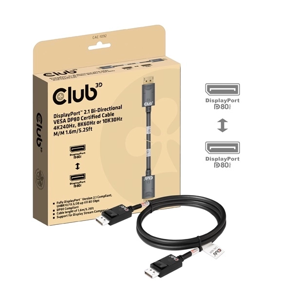 Club3D CAC-1092 (DisplayPort 2.1, DP80, 8K240Hz, 1.6m, Bi-Directional, M/M)