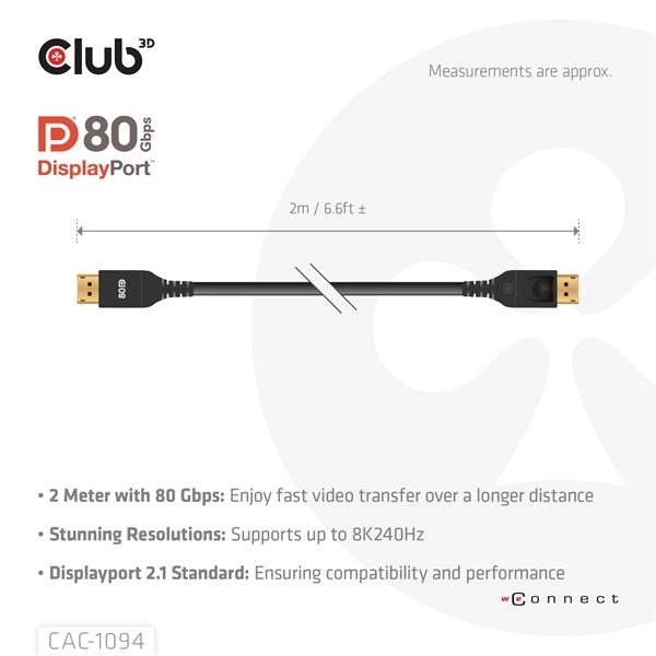Club3D CAC-1094 (DisplayPort 2.1, 8K240Hz, 2m, DP80, VESA tanúsítvány, M/M)