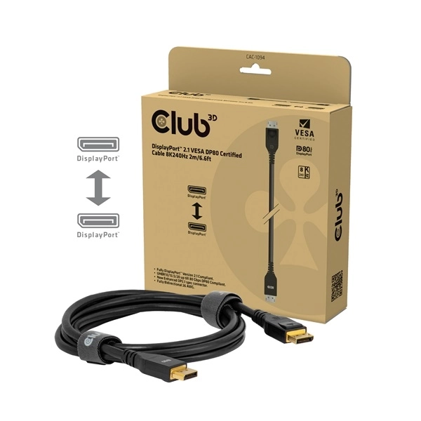 Club3D CAC-1094 (DisplayPort 2.1, 8K240Hz, 2m, DP80, VESA tanúsítvány, M/M)