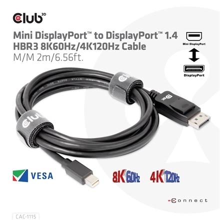 Club3D CAC-1115 (Mini DisplayPort to DisplayPort 1.4 HBR3, 8K60Hz/4K120Hz, 2m, kétirányú)