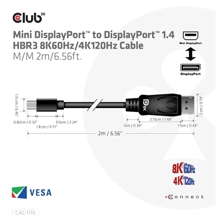 Club3D CAC-1115 (Mini DisplayPort to DisplayPort 1.4 HBR3, 8K60Hz/4K120Hz, 2m, kétirányú)