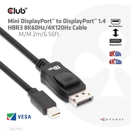 Club3D CAC-1115 (Mini DisplayPort to DisplayPort 1.4 HBR3, 8K60Hz/4K120Hz, 2m, kétirányú)