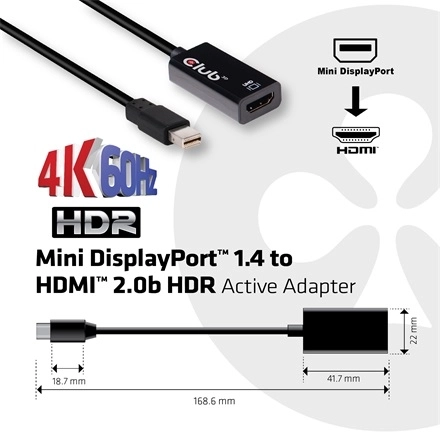 Club3D CAC-1180 (Mini DisplayPort 1.4 to HDMI 2.0, 4K60Hz, HDR, 3D, 16bpc)