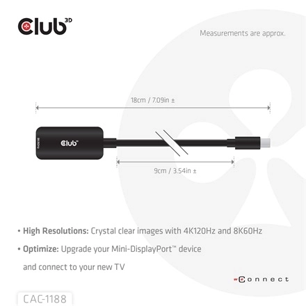 Club3D CAC-1188 (Mini DisplayPort 1.4 to HDMI 8K60Hz, aktív, HDCP 2.2, 9cm)