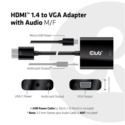 Club3D CAC-1302 (HDMI 1.4 to VGA + Audio, 1080p@60Hz, Micro USB power)