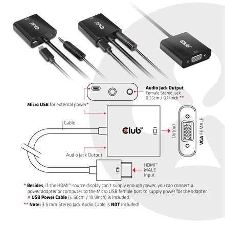 Club3D CAC-1302 (HDMI 1.4 to VGA + Audio, 1080p@60Hz, Micro USB power)
