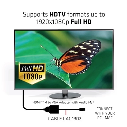 Club3D CAC-1302 (HDMI 1.4 to VGA + Audio, 1080p@60Hz, Micro USB power)
