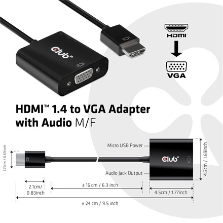 Club3D CAC-1302 (HDMI 1.4 to VGA + Audio, 1080p@60Hz, Micro USB power)
