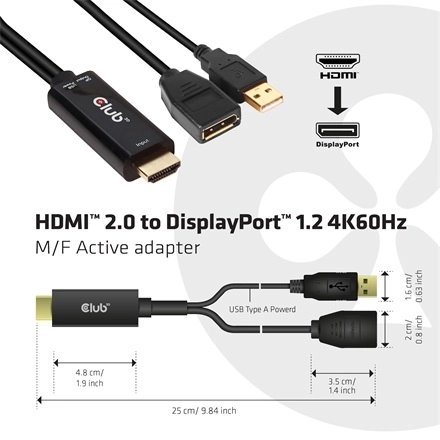 Club3D CAC-1331 (HDMI 2.0 to DisplayPort 1.2 4K60Hz HDR M/F, USB-A táp, 25cm)