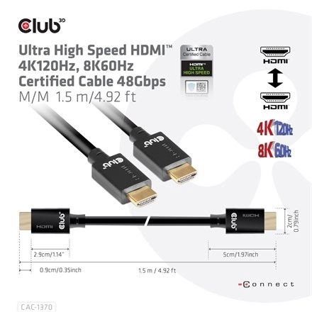 Club3D CAC-1370 (HDMI 2.1 Ultra High-Speed, 48Gbps, 4K120Hz, 8K60Hz, 1.5m, HDMI M/M, alacsony EMI, VRR, QMS
