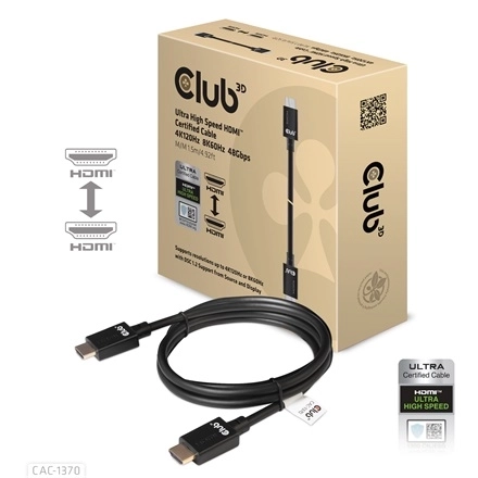 Club3D CAC-1370 (HDMI 2.1 Ultra High-Speed, 48Gbps, 4K120Hz, 8K60Hz, 1.5m, HDMI M/M, alacsony EMI, VRR, QMS
