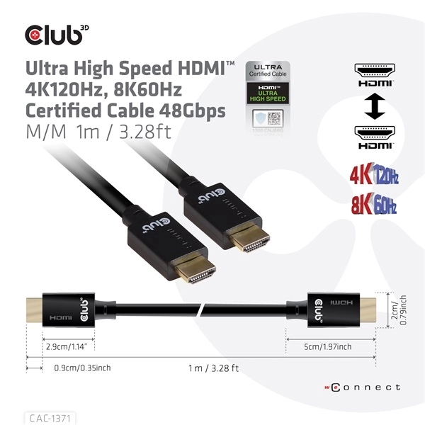 Club3D CAC-1371 (HDMI 2.1 Ultra High Speed, 4K120Hz, 8K60Hz, 48Gbps, M/M, 1m)