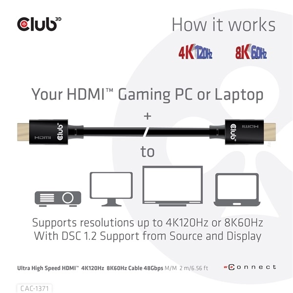 Club3D CAC-1371 (HDMI 2.1 Ultra High Speed, 4K120Hz, 8K60Hz, 48Gbps, M/M, 1m)
