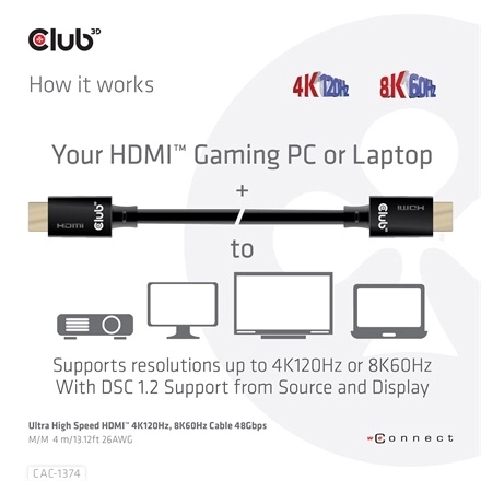 Club3D CAC-1374 (HDMI 2.1 Ultra High-Speed, M/M, 4K120Hz, 8K60Hz, 48Gbps, 4m, 26AWG)