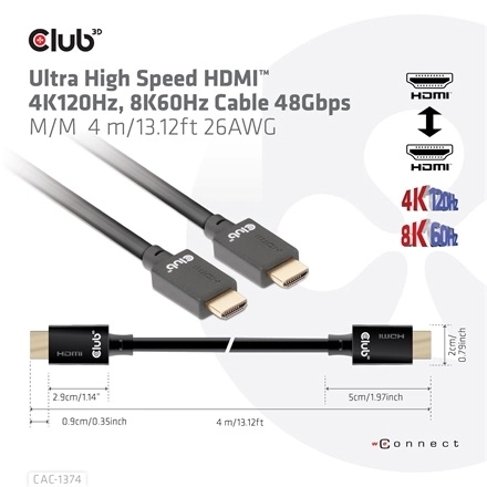 Club3D CAC-1374 (HDMI 2.1 Ultra High-Speed, M/M, 4K120Hz, 8K60Hz, 48Gbps, 4m, 26AWG)