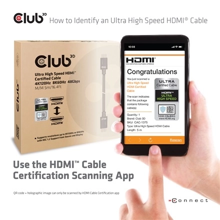 Club3D CAC-1375 (HDMI 2.1 Ultra High Speed, M/M, 4K120Hz, 8K60Hz, 48Gbps, 5m, VRR,QMS,QFT,eARC,HDR)