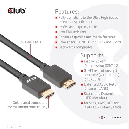 Club3D CAC-1375 (HDMI 2.1 Ultra High Speed, M/M, 4K120Hz, 8K60Hz, 48Gbps, 5m, VRR,QMS,QFT,eARC,HDR)