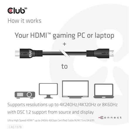 Club3D CAC-1378 (HDMI 2.1 Ultra High Speed, 240Hz, 48Gbps, M/M, 7.5m)