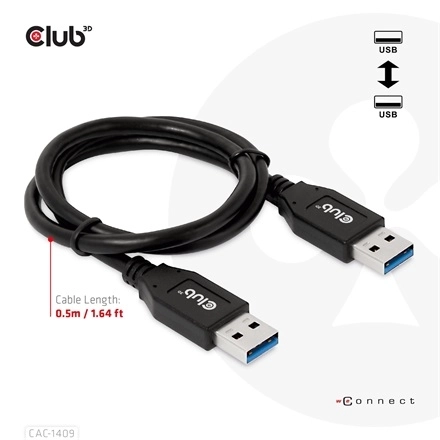 Club3D CAC-1409 (USB-A Gen2, M/M, 10Gbps, 3A, 15W, 5V/3A, 0.5m)