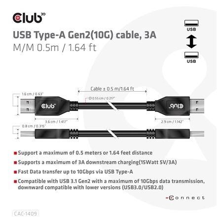 Club3D CAC-1409 (USB-A Gen2, M/M, 10Gbps, 3A, 15W, 5V/3A, 0.5m)