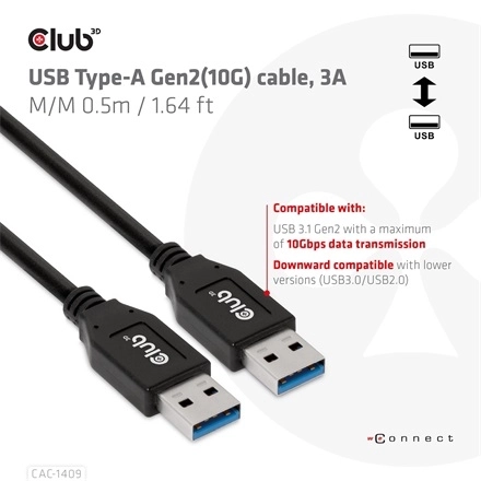 Club3D CAC-1409 (USB-A Gen2, M/M, 10Gbps, 3A, 15W, 5V/3A, 0.5m)