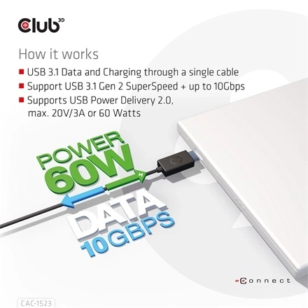 Club3D CAC-1523 (3.1 USB-C Gen 2 to 3.1 USB-A Gen 2, 10Gbps, 60W PD2.0, Bidirectional, 4K60Hz, M/M, 1m)