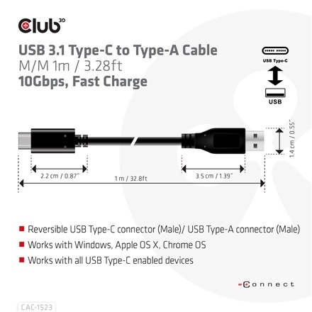 Club3D CAC-1523 (3.1 USB-C Gen 2 to 3.1 USB-A Gen 2, 10Gbps, 60W PD2.0, Bidirectional, 4K60Hz, M/M, 1m)