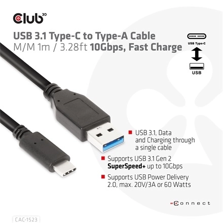 Club3D CAC-1523 (3.1 USB-C Gen 2 to 3.1 USB-A Gen 2, 10Gbps, 60W PD2.0, Bidirectional, 4K60Hz, M/M, 1m)