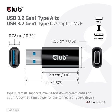 Club3D CAC-1525 (3.2 USB-A Gen 1 to 3.2 USB-C Gen 1, Bidirectional)