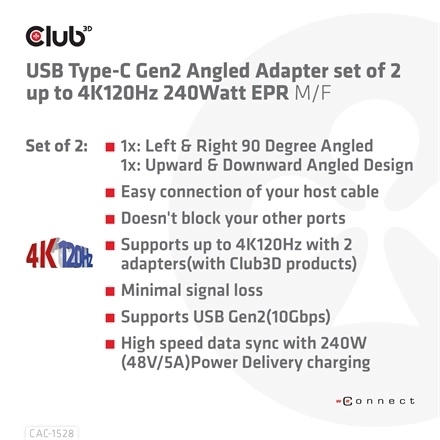 Club3D CAC-1528 (USB-C Gen 2 to USB-C Gen 2, 90 fokos adapter, 10Gbps, 4k120Hz)