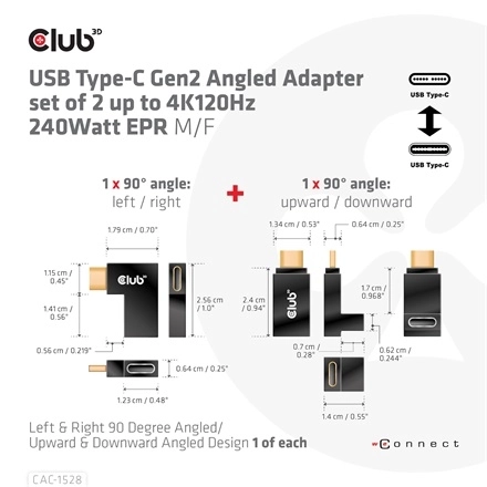 Club3D CAC-1528 (USB-C Gen 2 to USB-C Gen 2, 90 fokos adapter, 10Gbps, 4k120Hz)