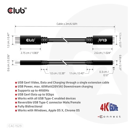 Club3D CAC-1529 (USB-C Gen 1 to USB-C, 5Gbps, 60W, 4K60Hz, M/F, 2m)