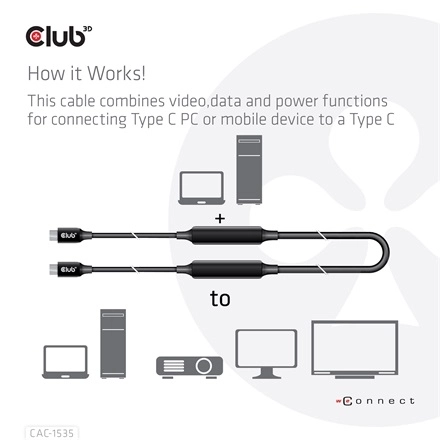 Club3D CAC-1535 (3.2 USB-C Gen 2 to 3.2 USB-C Gen 2, 60W PD, 8K60Hz, Bidirectional, M/M, 5m)