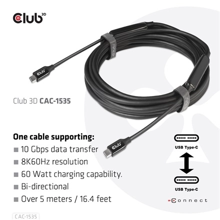 Club3D CAC-1535 (3.2 USB-C Gen 2 to 3.2 USB-C Gen 2, 60W PD, 8K60Hz, Bidirectional, M/M, 5m)